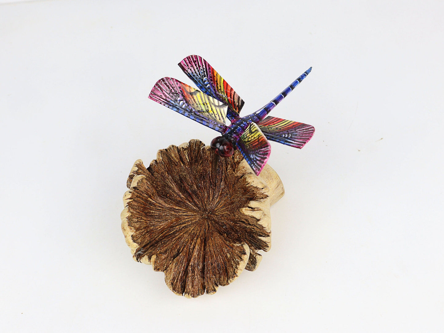 Hand-Carved & Painted Dragonfly Sculpture on Natural Wood Base - Freestanding Decor