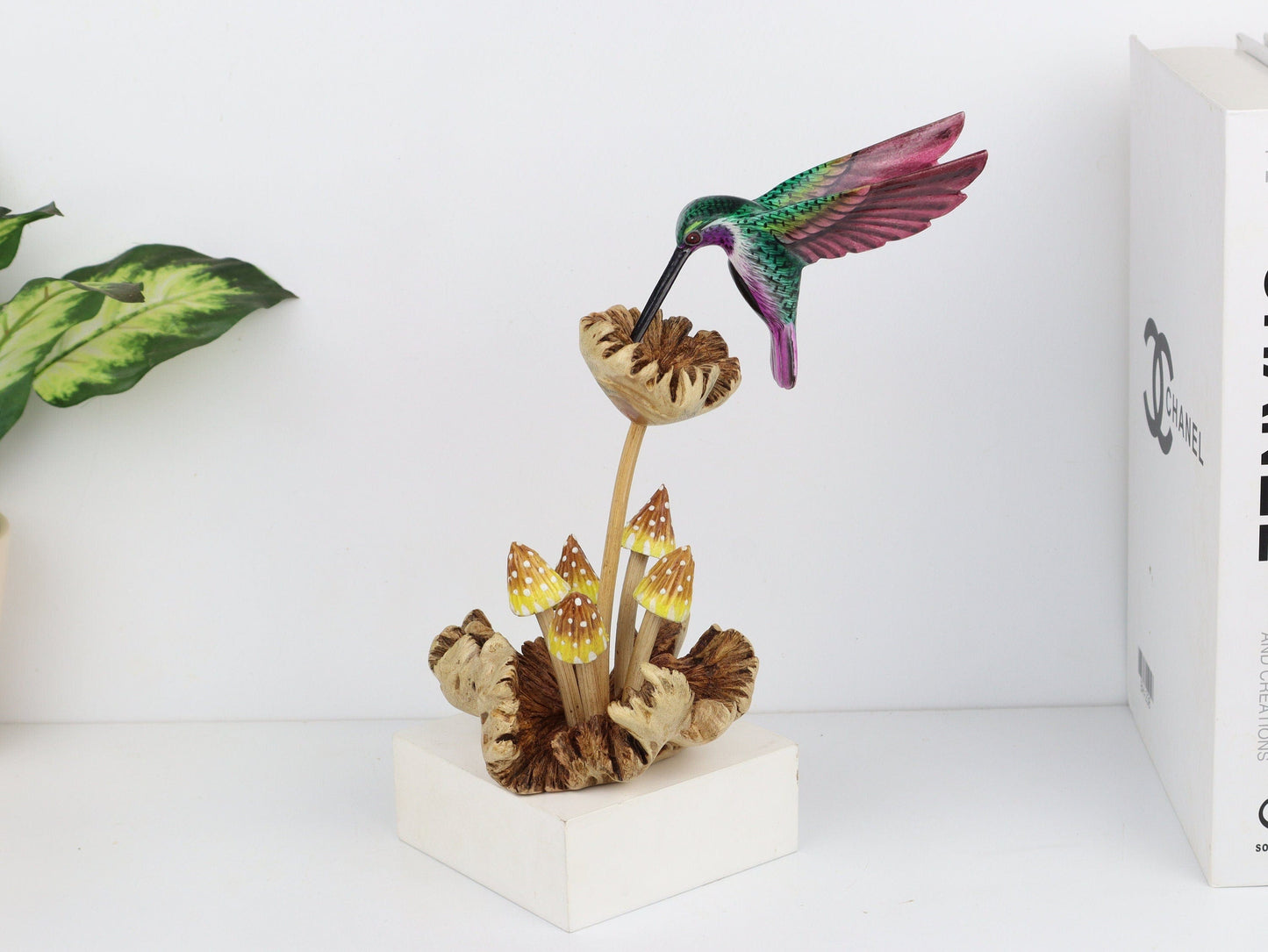 Colorful Hummingbird Feeding on Flower with Painted Mushroom Sculpture, Wooden Hummingbird, Handmade, Rustic, Table Decor, Birthday Gift.