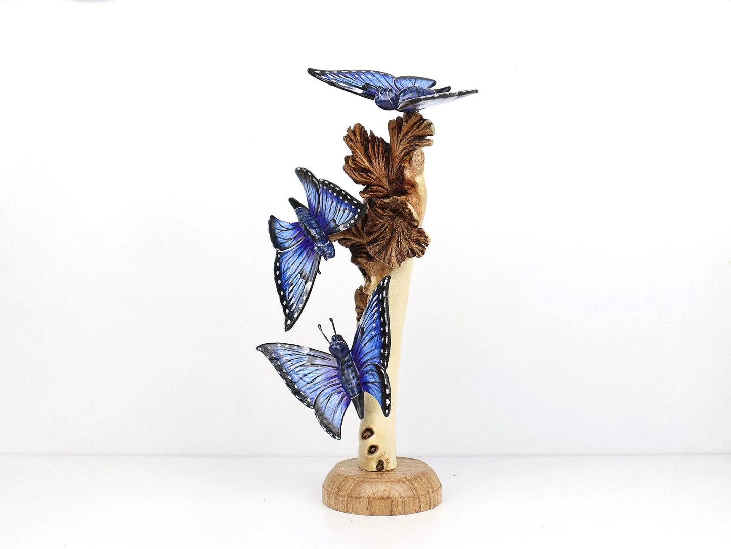 Hand-Carved & Painted Blue Butterfly Trio on Natural Wood Base - Freestanding Decor