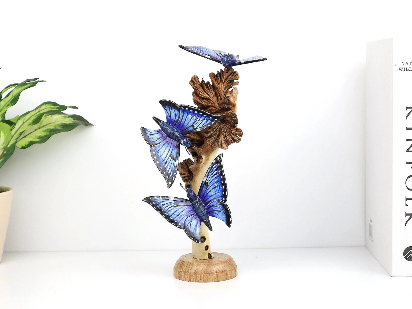 Hand-Carved & Painted Blue Butterfly Trio on Natural Wood Base - Freestanding Decor