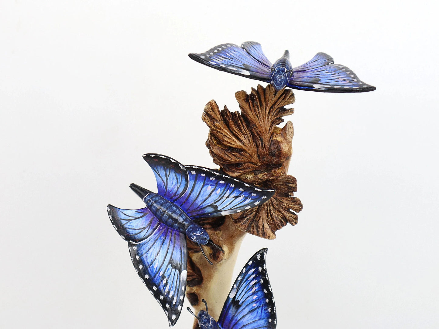 Hand-Carved & Painted Blue Butterfly Trio on Natural Wood Base - Freestanding Decor
