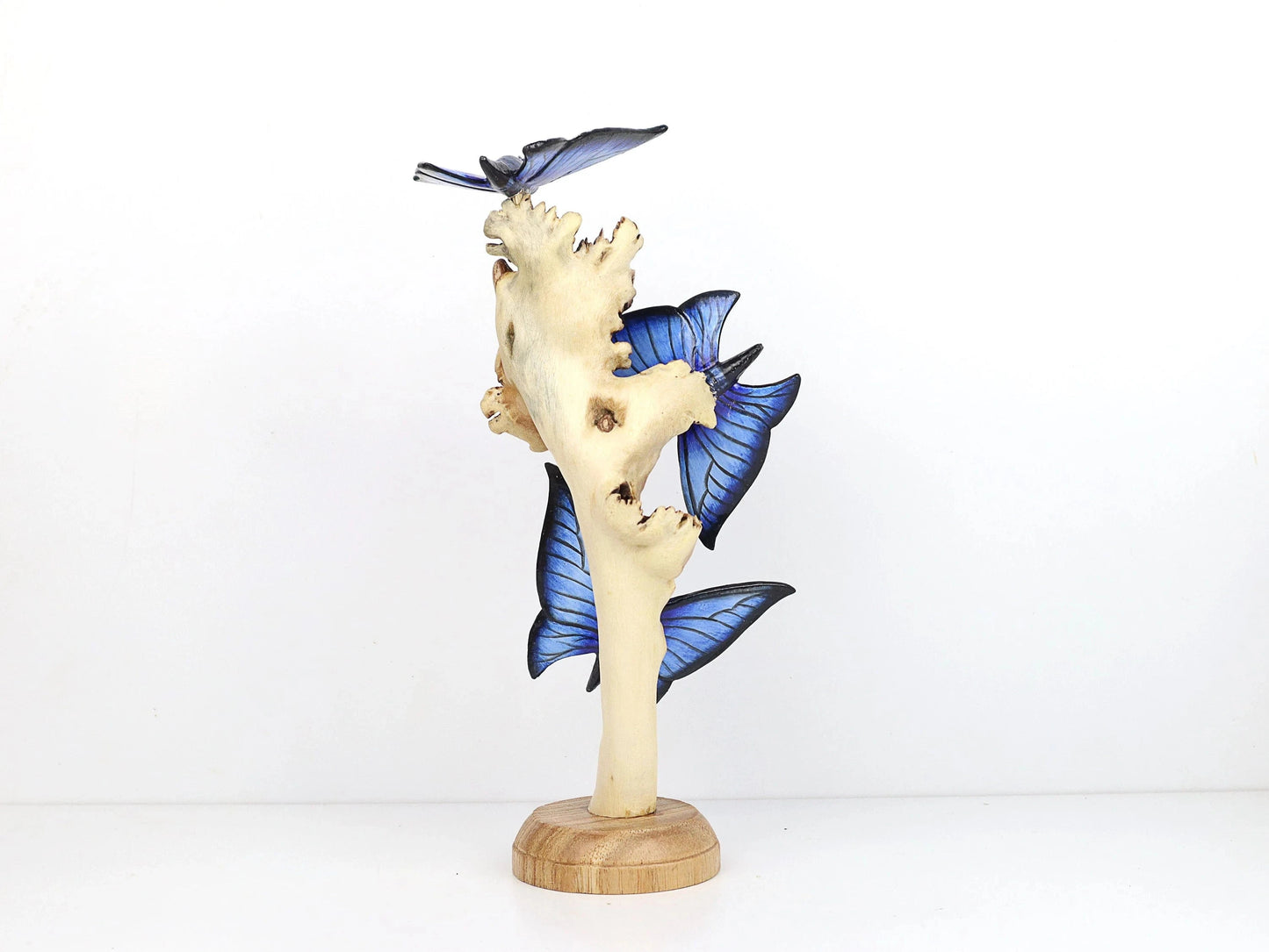 Hand-Carved & Painted Blue Butterfly Trio on Natural Wood Base - Freestanding Decor