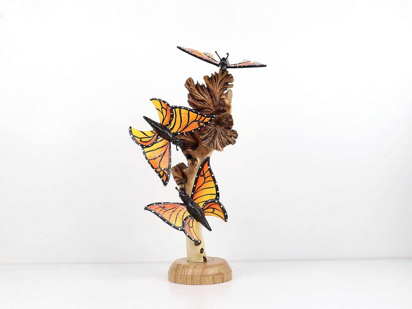 Hand-Carved & Painted Monarch Butterfly Trio on Natural Wood Base - Freestanding Decor