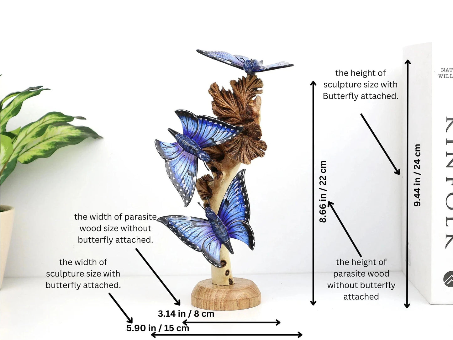Hand-Carved & Painted Blue Butterfly Trio on Natural Wood Base - Freestanding Decor