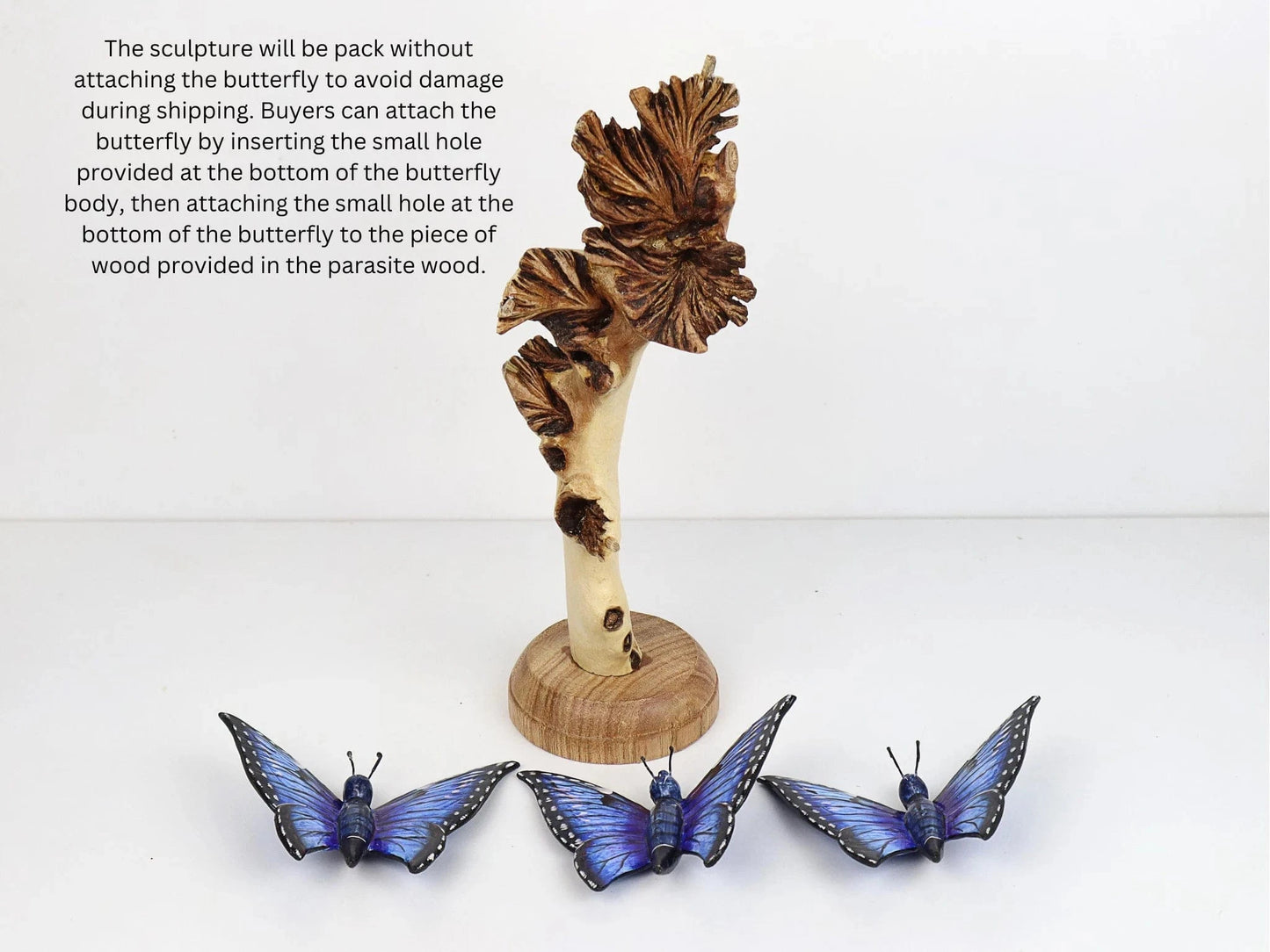 Hand-Carved & Painted Blue Butterfly Trio on Natural Wood Base - Freestanding Decor