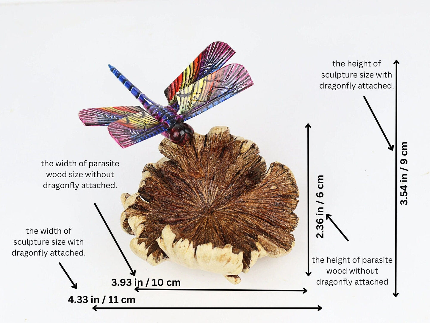 Hand-Carved & Painted Dragonfly Sculpture on Natural Wood Base - Freestanding Decor