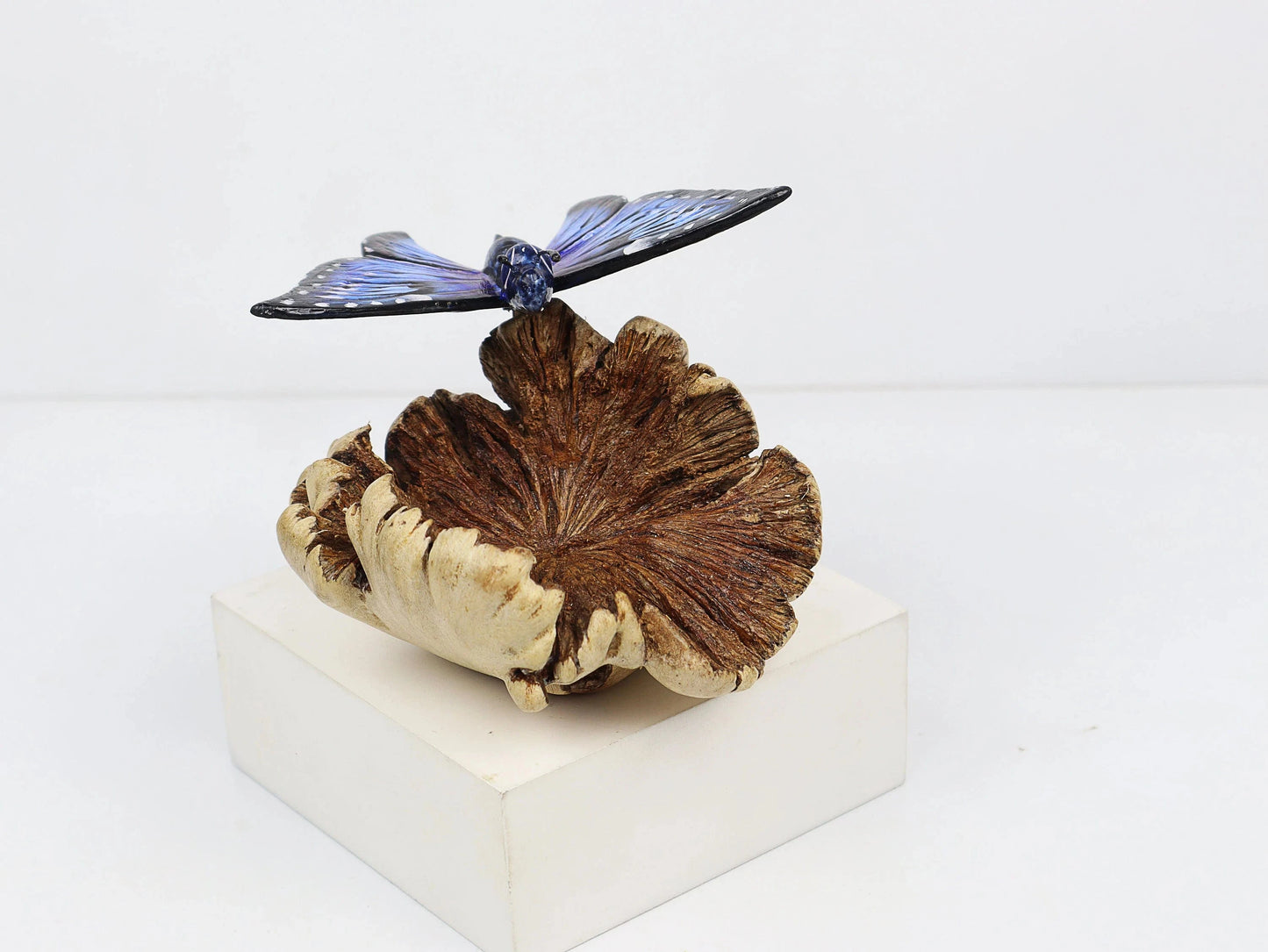Hand-Carved & Painted Blue Butterfly Sculpture on Natural Wood Base - Freestanding Decor