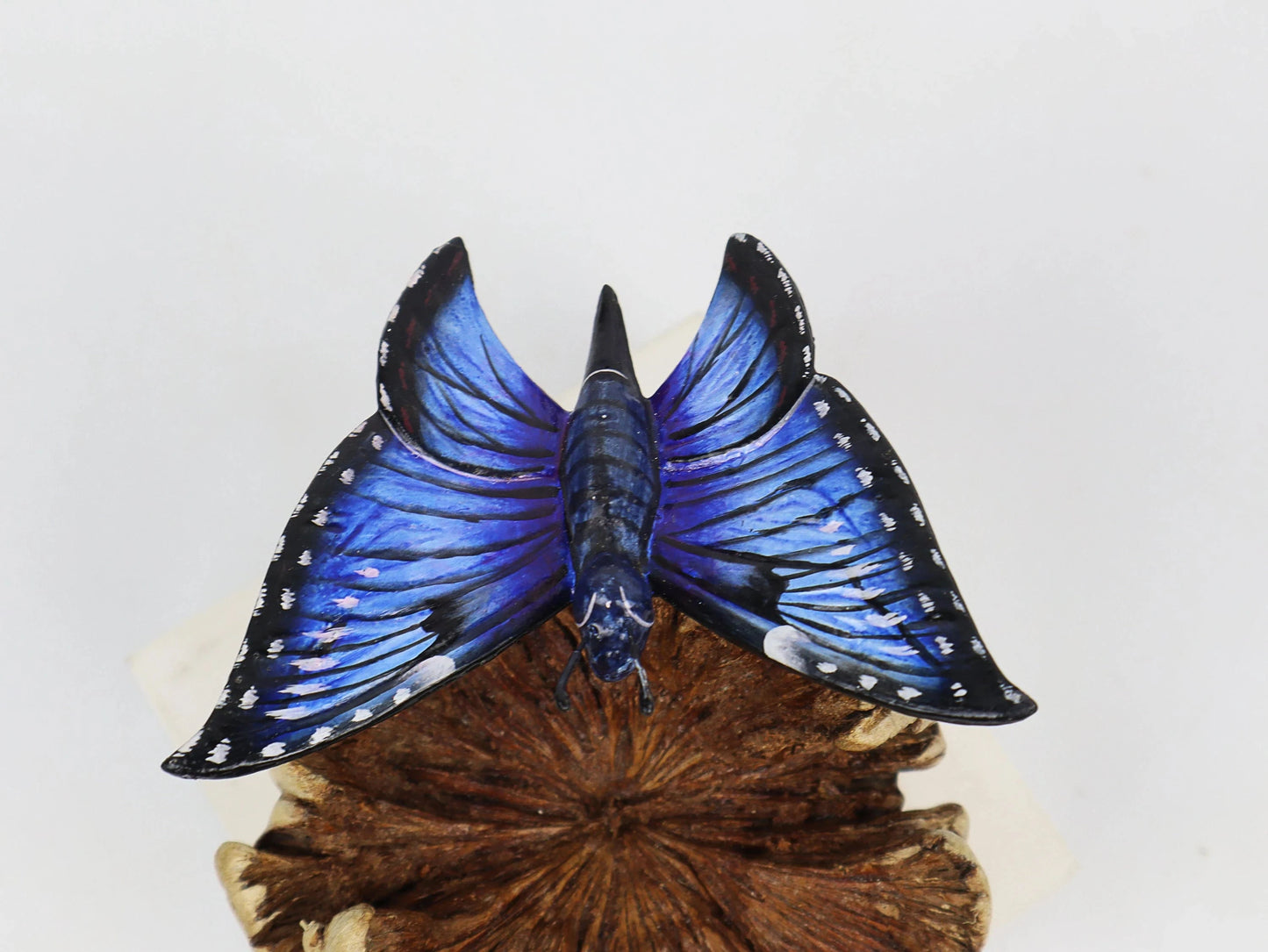 Hand-Carved & Painted Blue Butterfly Sculpture on Natural Wood Base - Freestanding Decor