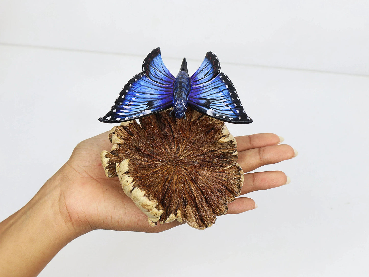 Hand-Carved & Painted Blue Butterfly Sculpture on Natural Wood Base - Freestanding Decor