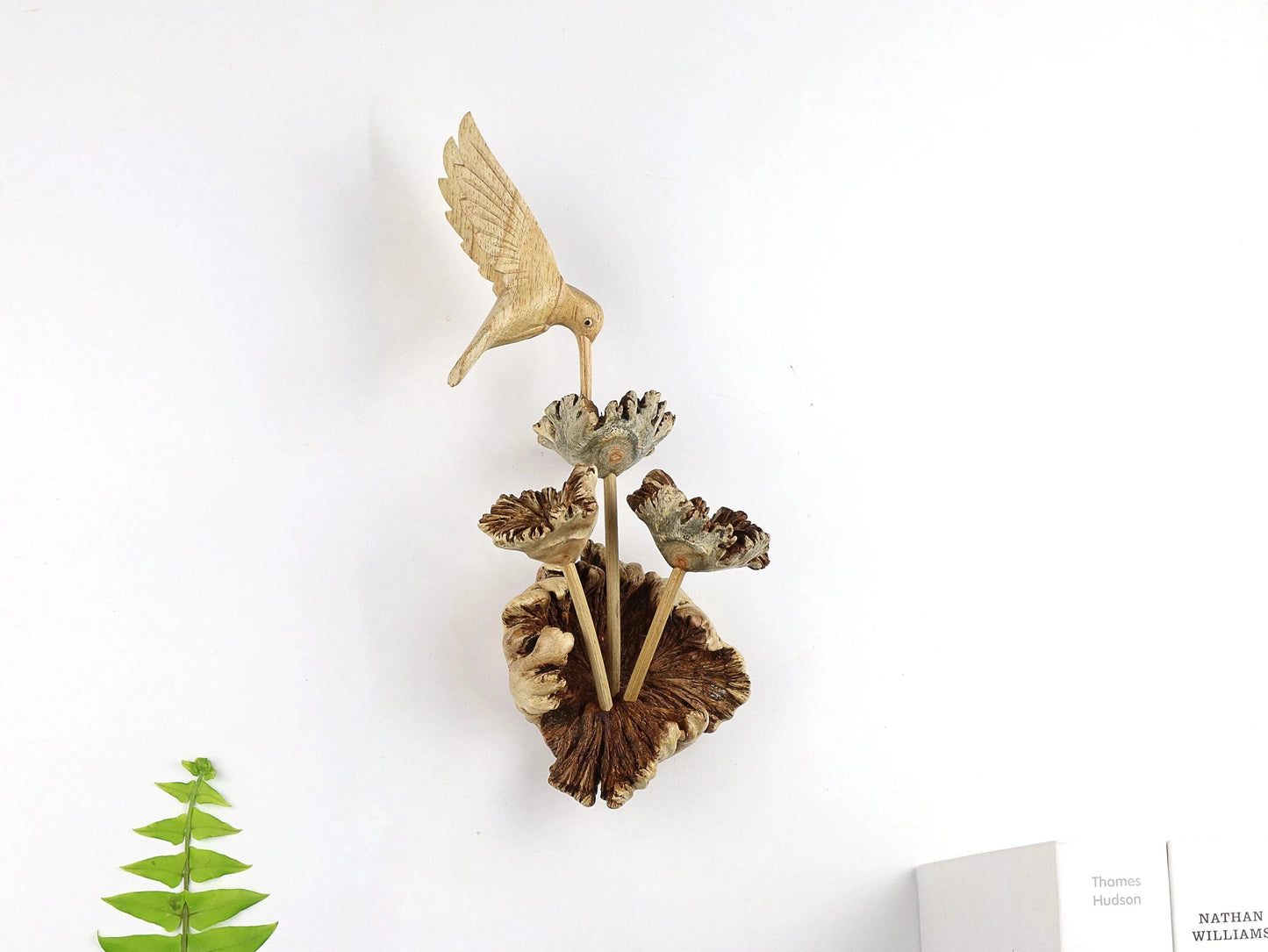 Hand-Carved Wooden Hummingbird & Flower Sculpture - Natural Wall Art Display