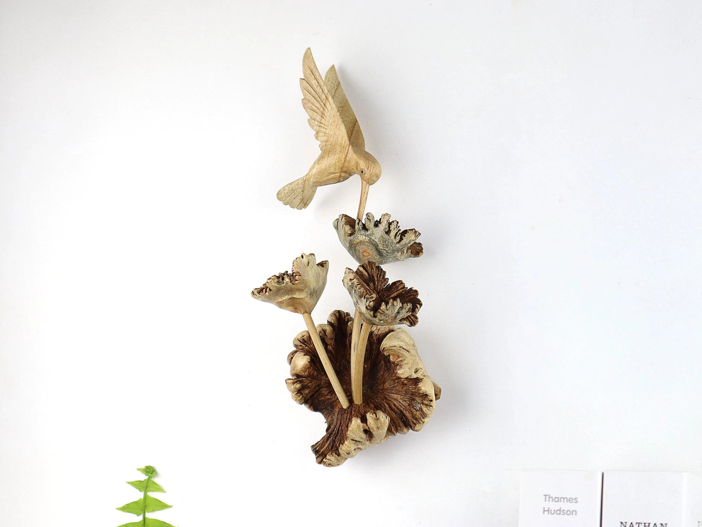 Hand-Carved Wooden Hummingbird & Flower Sculpture - Natural Wall Art Display