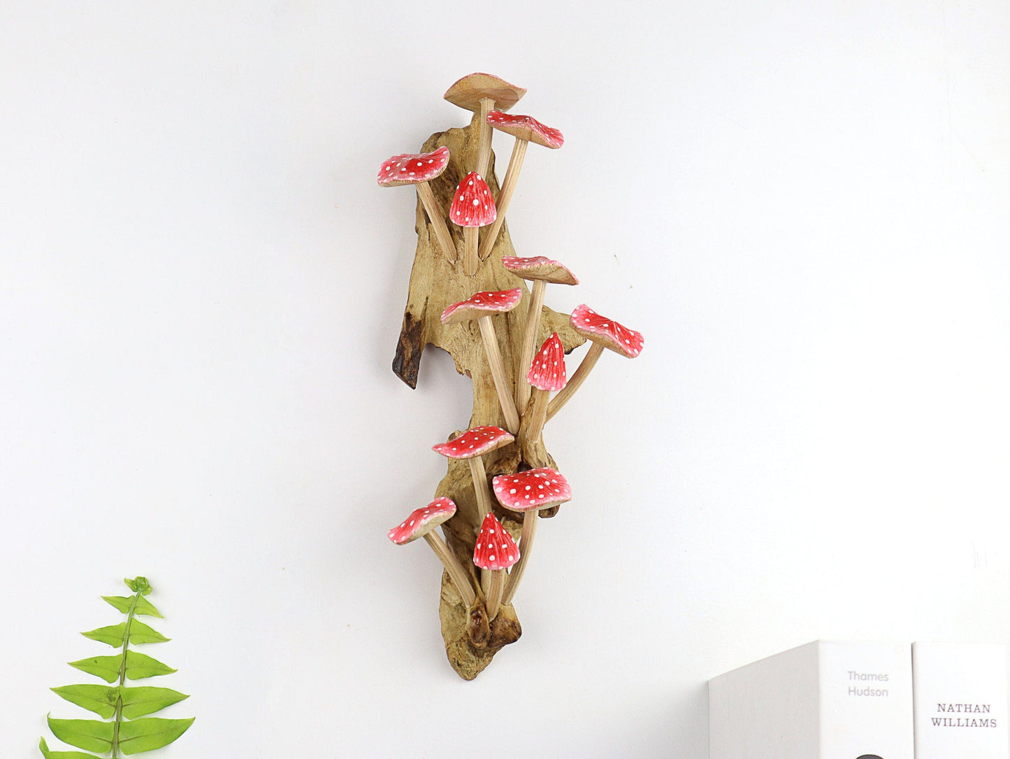 Large Hand-Carved & Painted Red & White Mushroom Wall Art - Tall Vertical Fairy Tale Decor