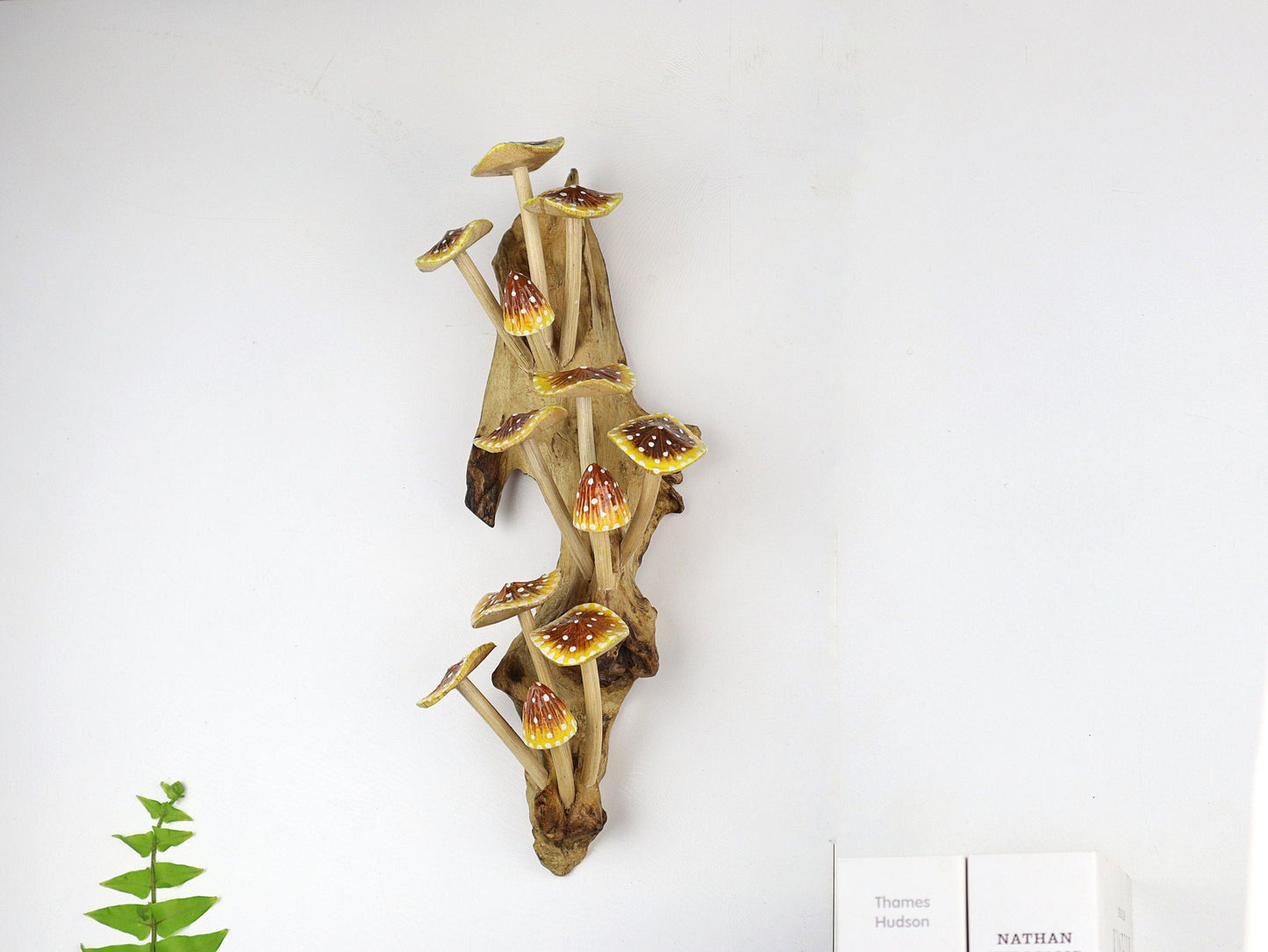 Hand-Carved & Painted Yellow & Orange Mushroom Wall Art - Vertical Whimsical Decor