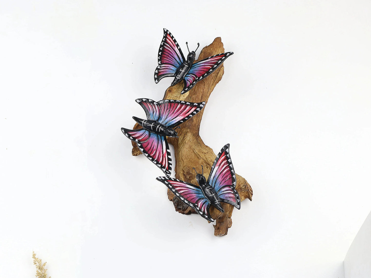 Hand-Carved & Painted Butterfly Trio Wall Art - Vibrant Woodland Display