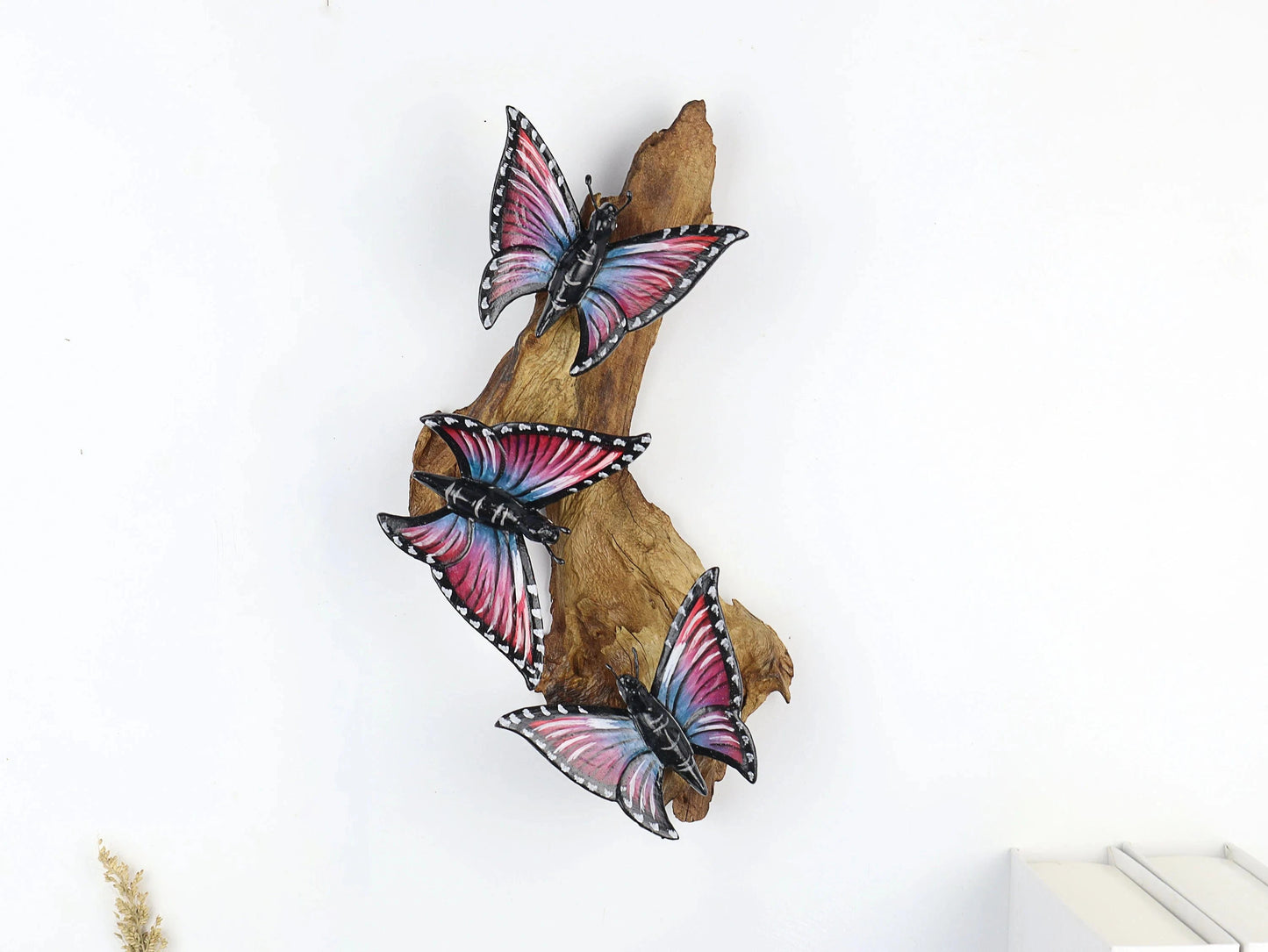Hand-Carved & Painted Butterfly Trio Wall Art - Vibrant Woodland Display