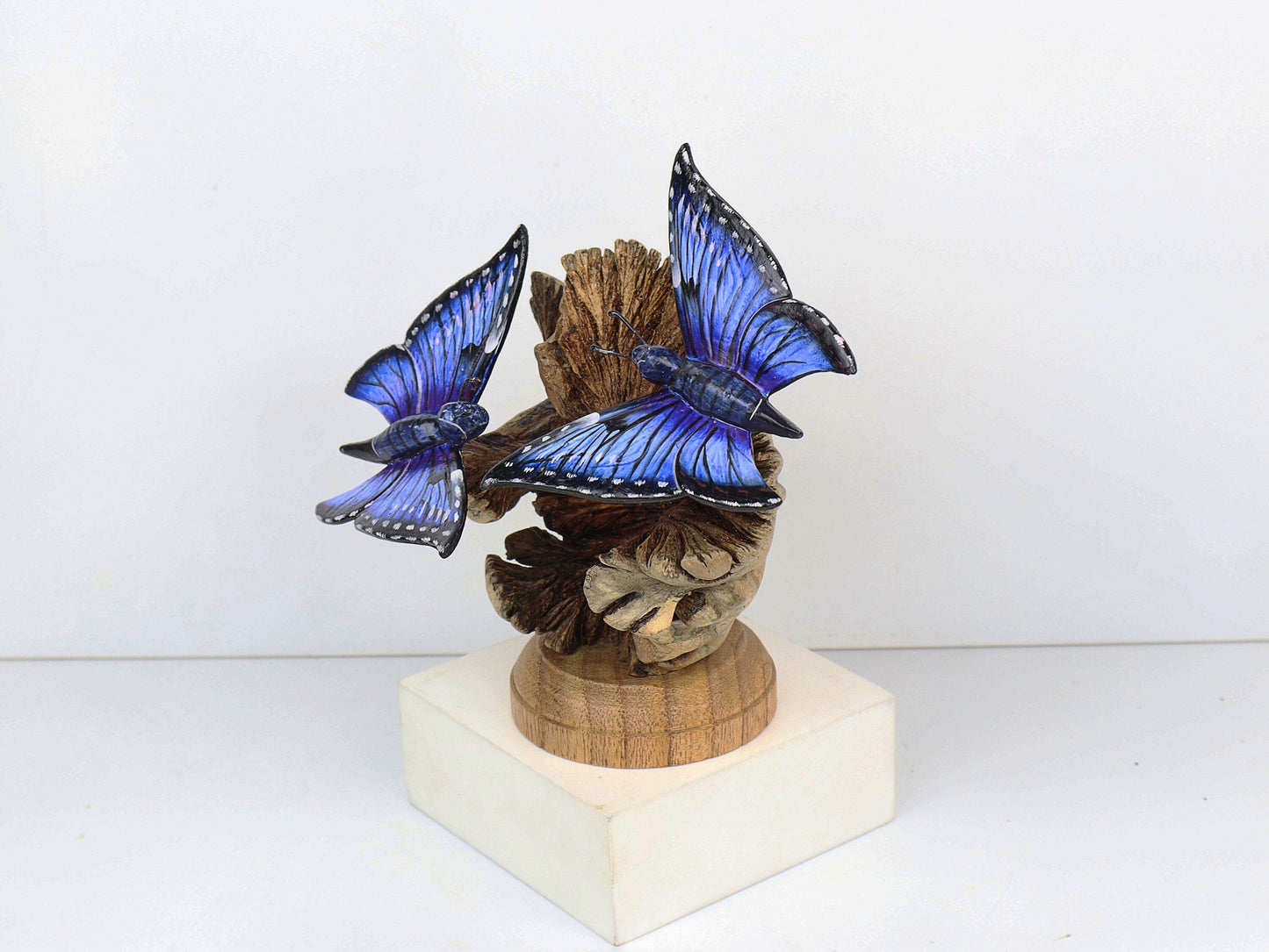 Hand-Carved & Painted Blue Butterfly Pair on Natural Wood Base - Freestanding Decor