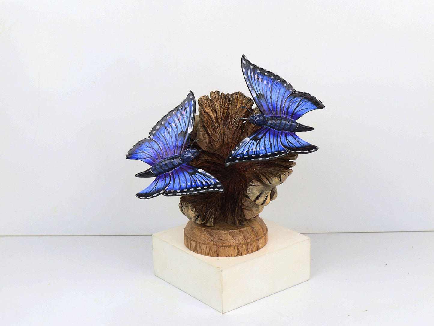 Hand-Carved & Painted Blue Butterfly Pair on Natural Wood Base - Freestanding Decor
