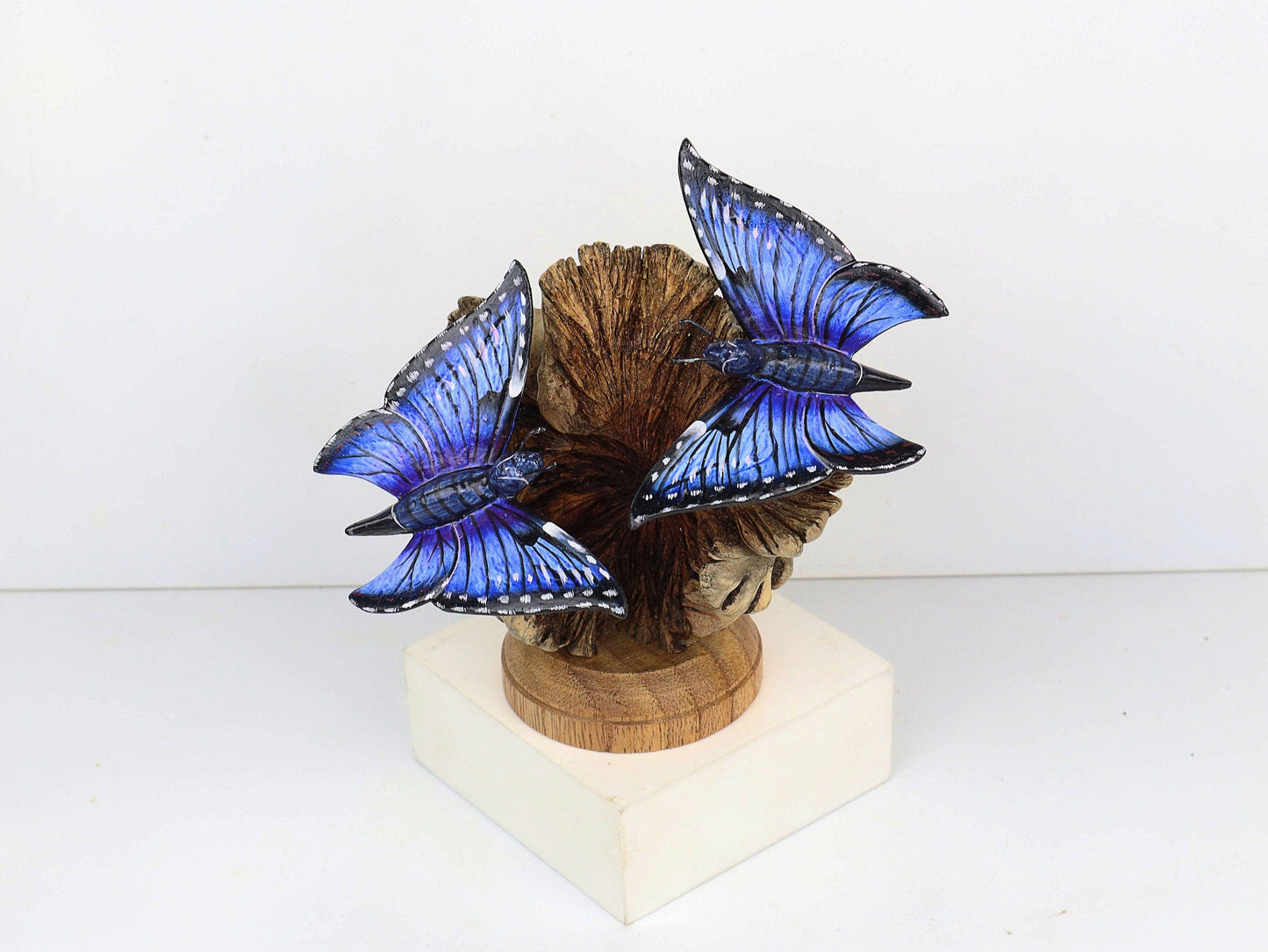 Hand-Carved & Painted Blue Butterfly Pair on Natural Wood Base - Freestanding Decor