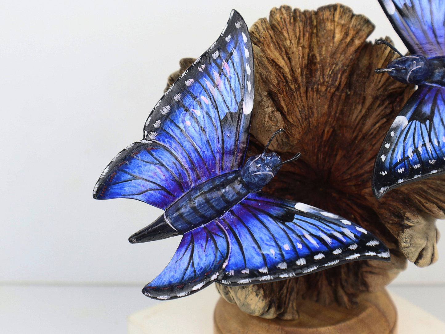 Hand-Carved & Painted Blue Butterfly Pair on Natural Wood Base - Freestanding Decor
