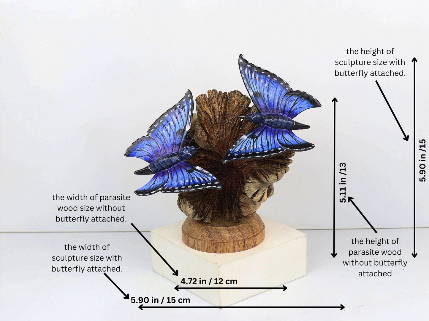 Hand-Carved & Painted Blue Butterfly Pair on Natural Wood Base - Freestanding Decor