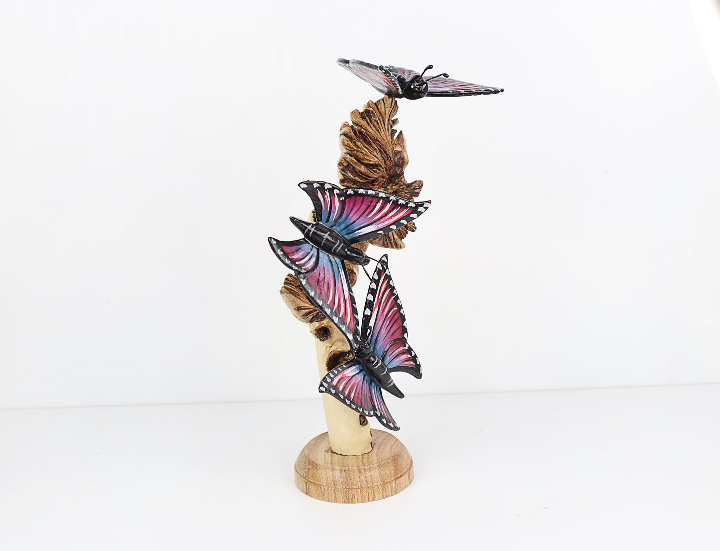Hand-Carved & Painted Butterfly Flock on Natural Wood Branch - Freestanding Decor