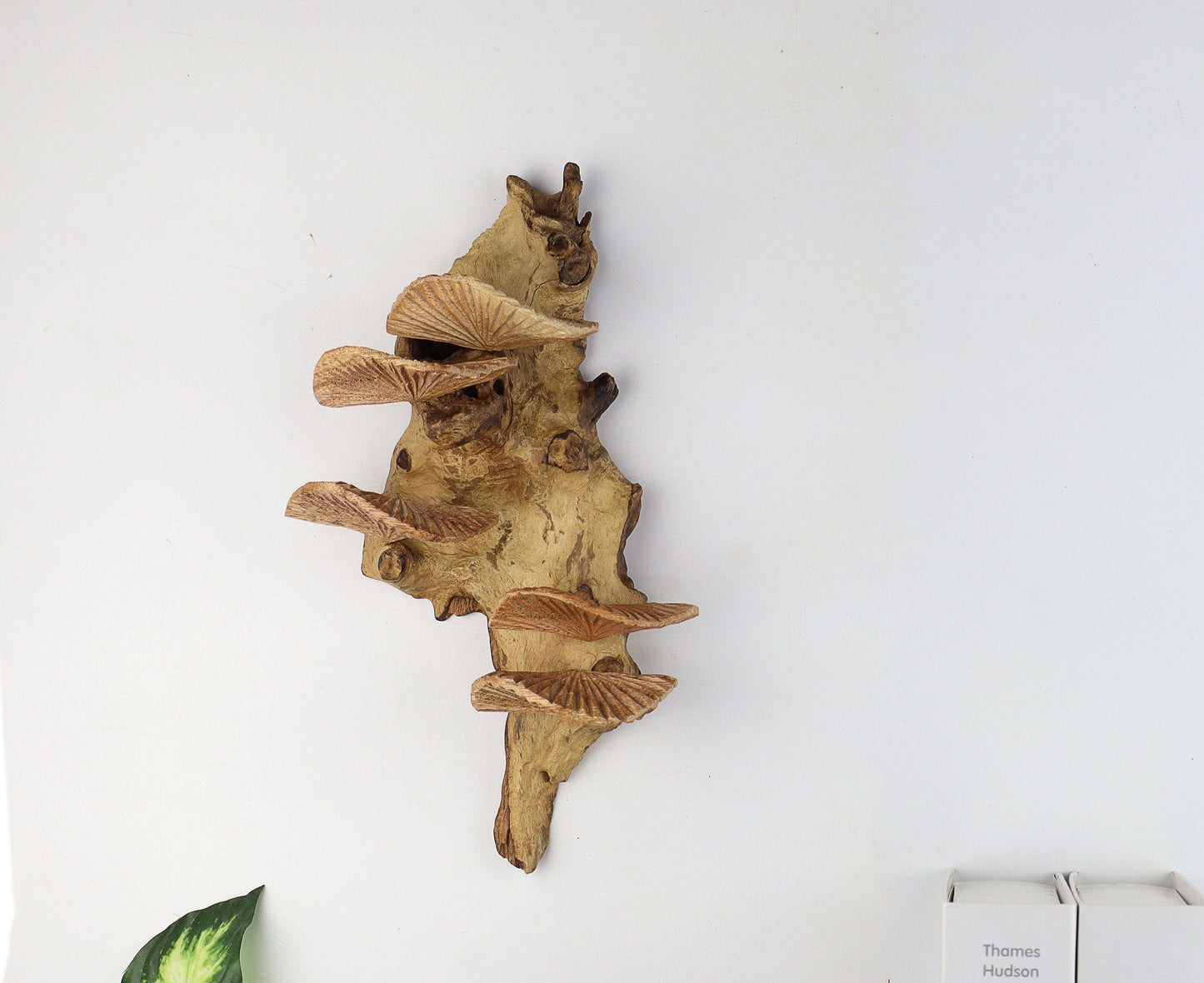 Hand-Carved Natural Wood Shelf Mushroom Wall Art - Vertical Rustic Forest Display