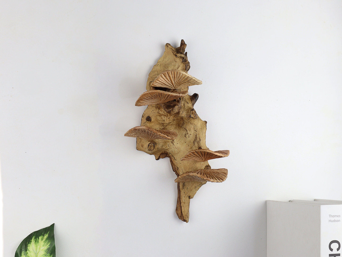 Hand-Carved Natural Wood Shelf Mushroom Wall Art - Vertical Rustic Forest Display