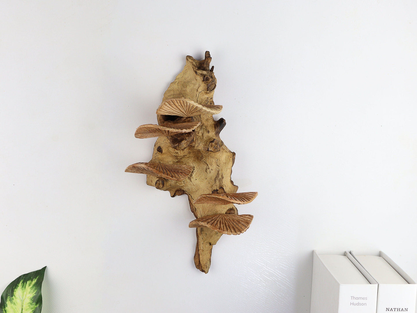Hand-Carved Natural Wood Shelf Mushroom Wall Art - Vertical Rustic Forest Display
