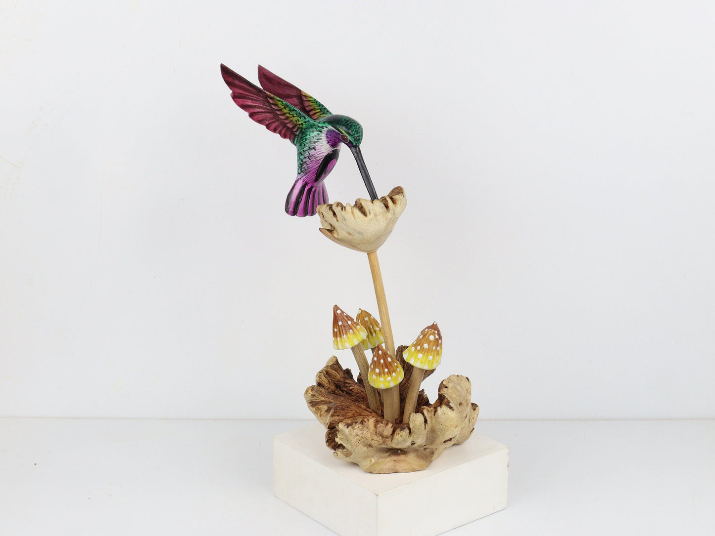 Colorful Hummingbird Feeding on Flower with Painted Mushroom Sculpture, Wooden Hummingbird, Handmade, Rustic, Table Decor, Birthday Gift.
