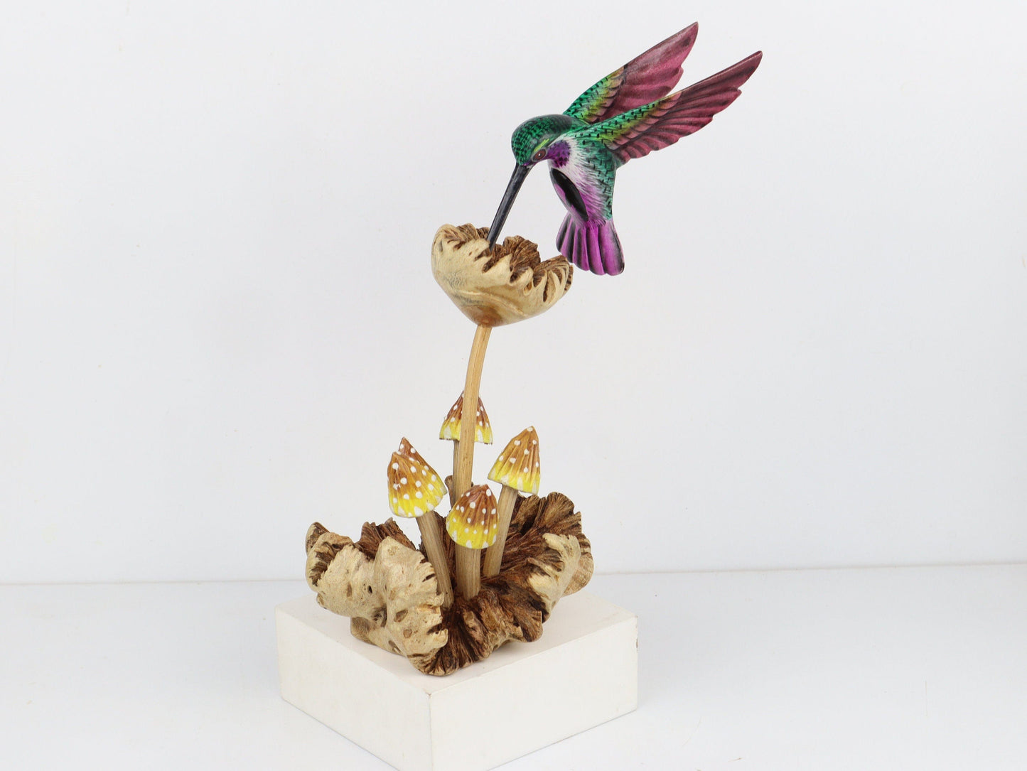Colorful Hummingbird Feeding on Flower with Painted Mushroom Sculpture, Wooden Hummingbird, Handmade, Rustic, Table Decor, Birthday Gift.