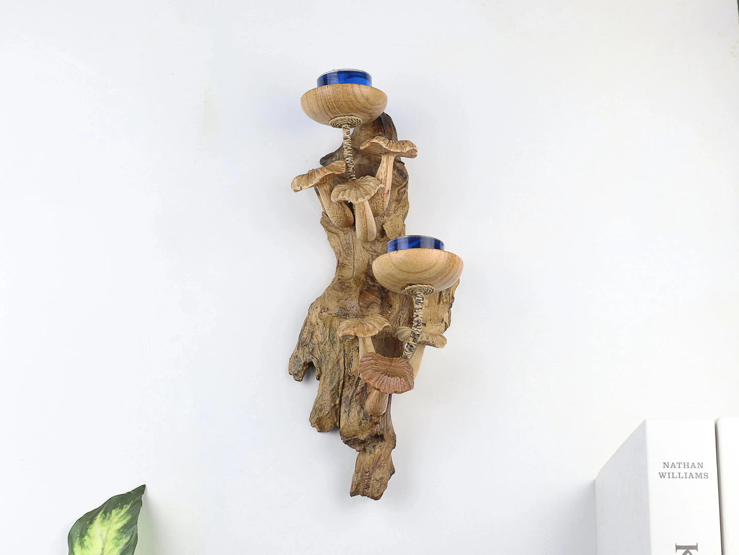 木製キャンドルホルダー 吊り下げ式ウォールアート きのこの彫刻付き 室内装飾用 壁掛けキャンドルホルダー ハンドメイド 誕生日プレゼント 結婚祝い
