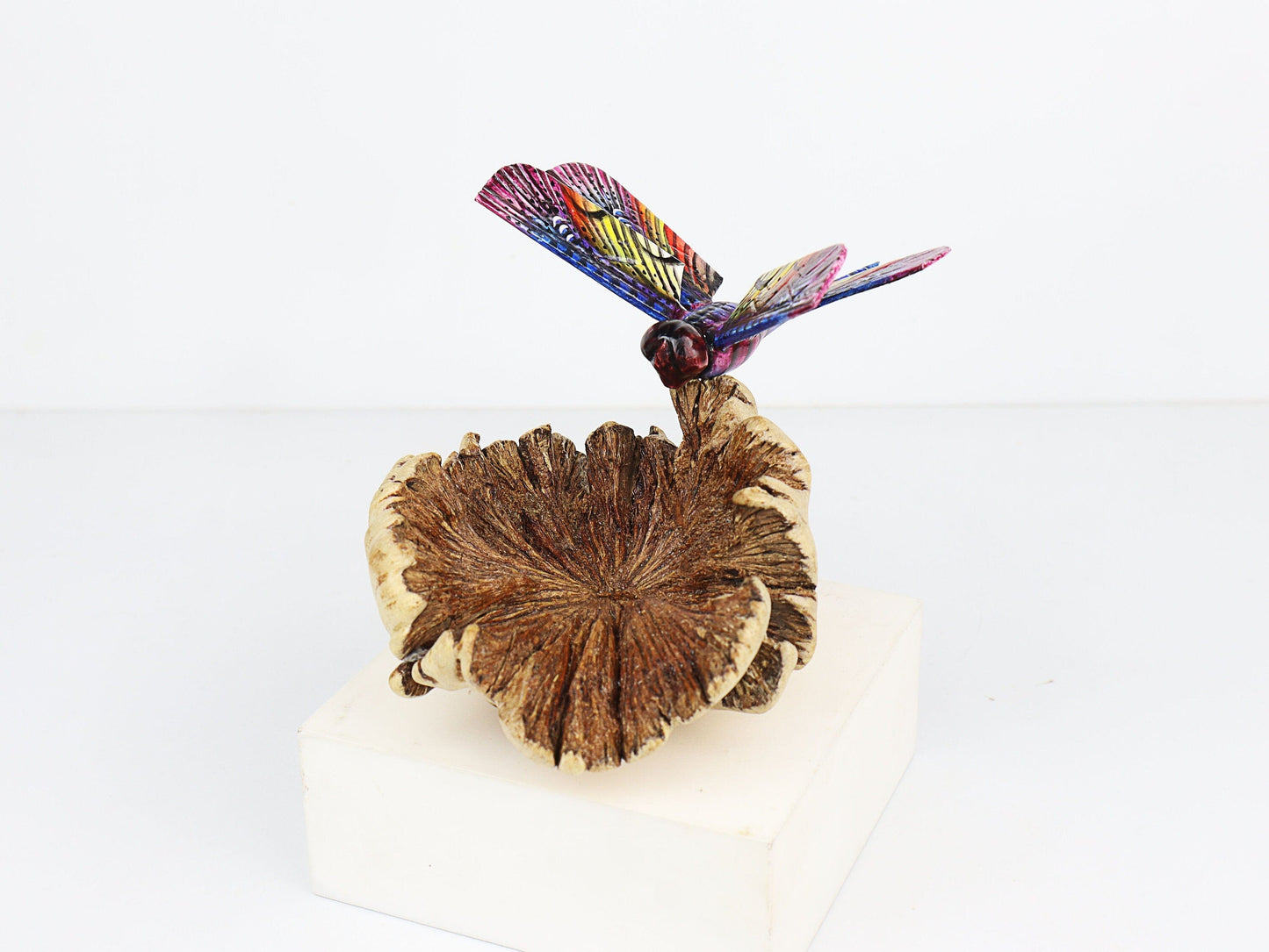 Hand-Carved & Painted Dragonfly Sculpture on Natural Wood Base - Freestanding Decor