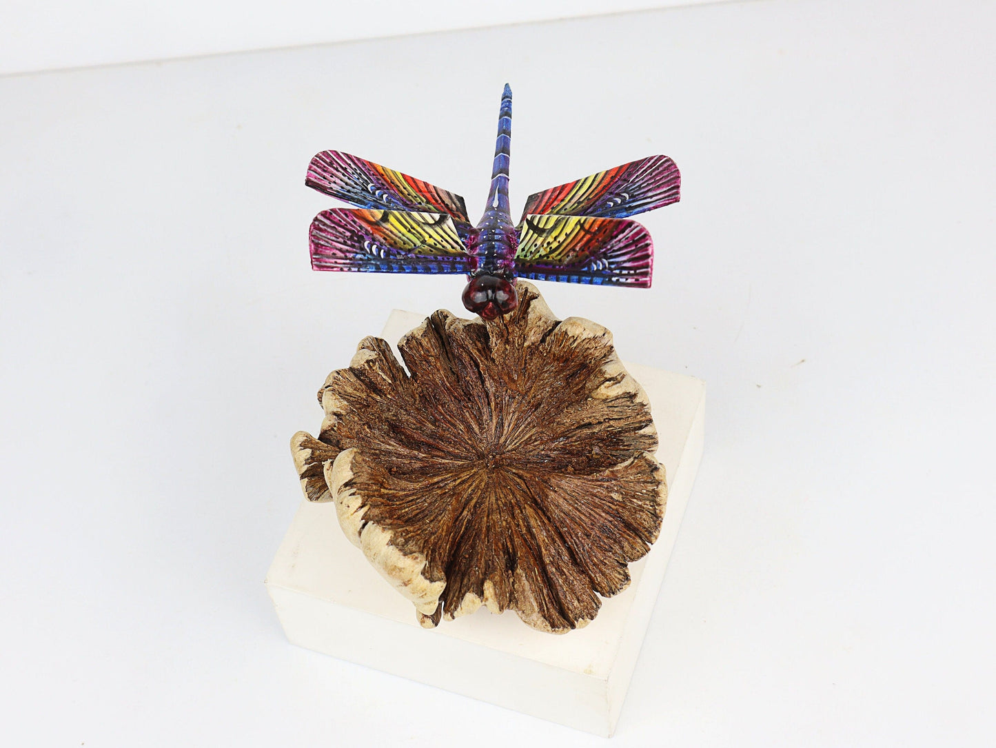 Hand-Carved & Painted Dragonfly Sculpture on Natural Wood Base - Freestanding Decor