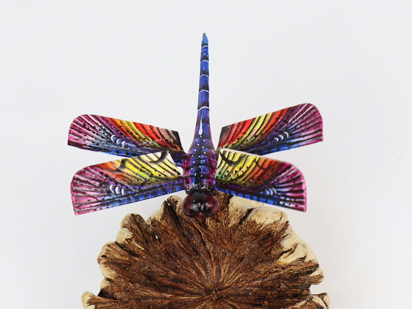Hand-Carved & Painted Dragonfly Sculpture on Natural Wood Base - Freestanding Decor