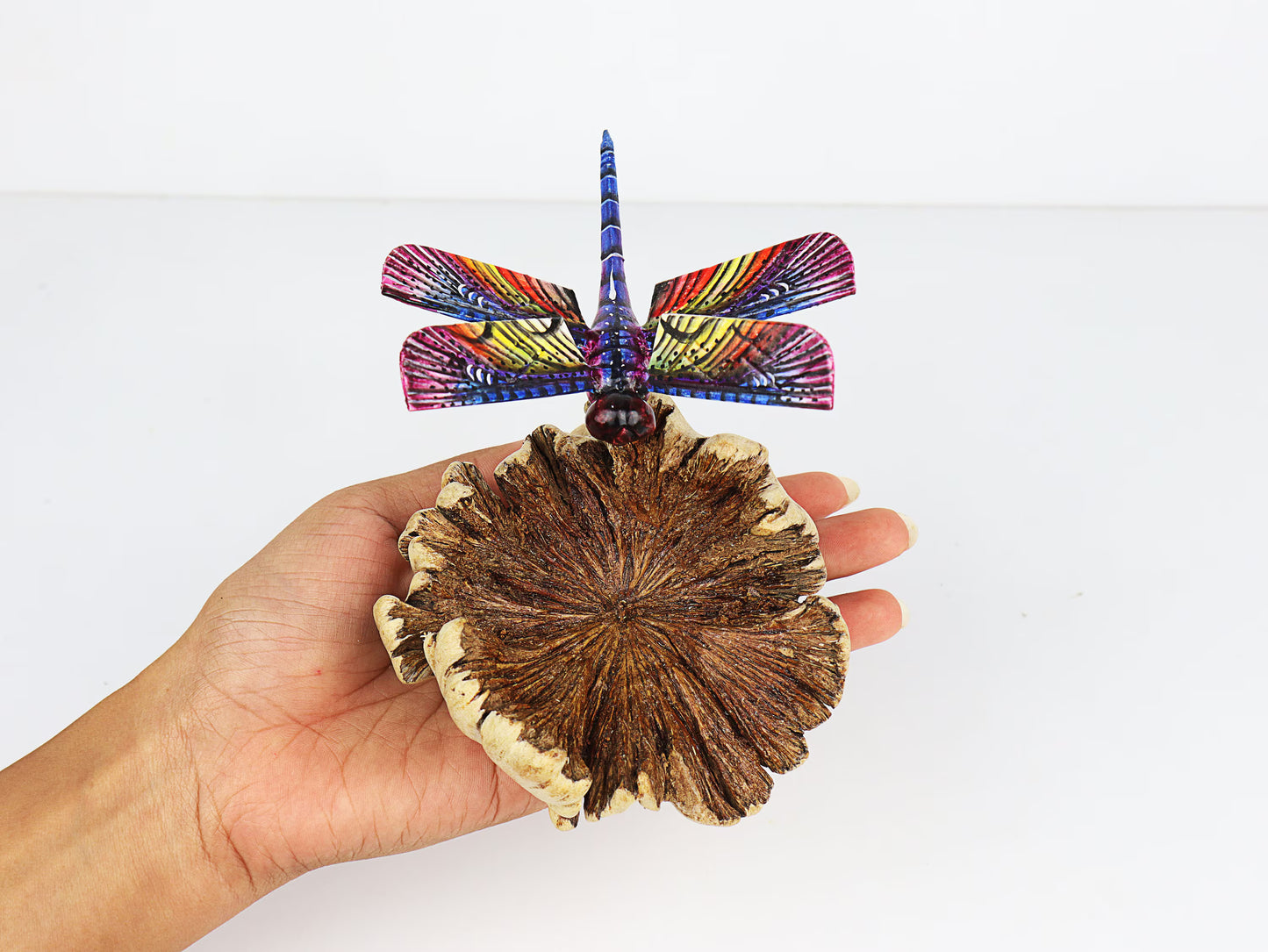 Hand-Carved & Painted Dragonfly Sculpture on Natural Wood Base - Freestanding Decor