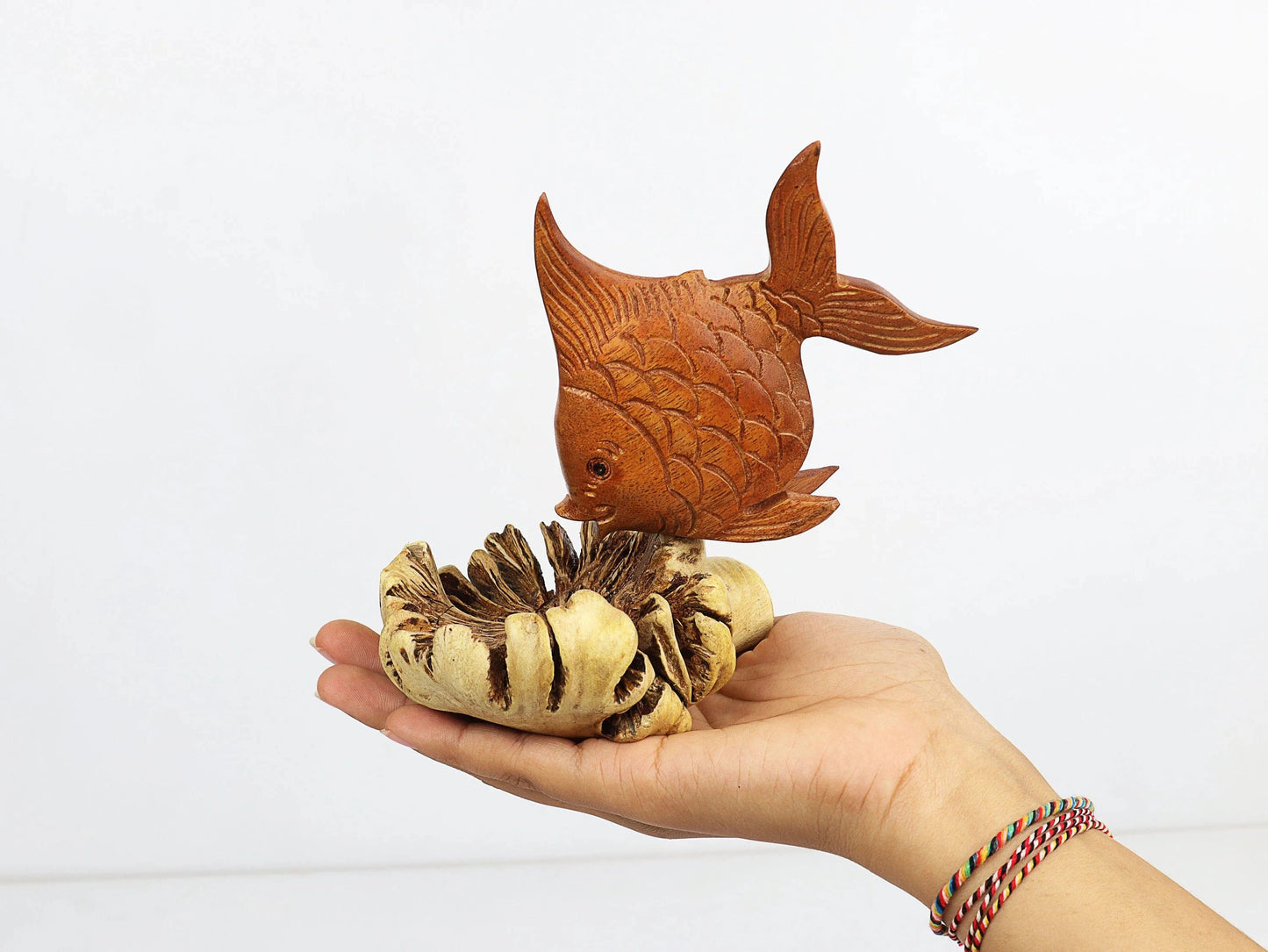 Hand-Carved Wooden Fish Sculpture on Unique Organic Base - Coastal Home Decor