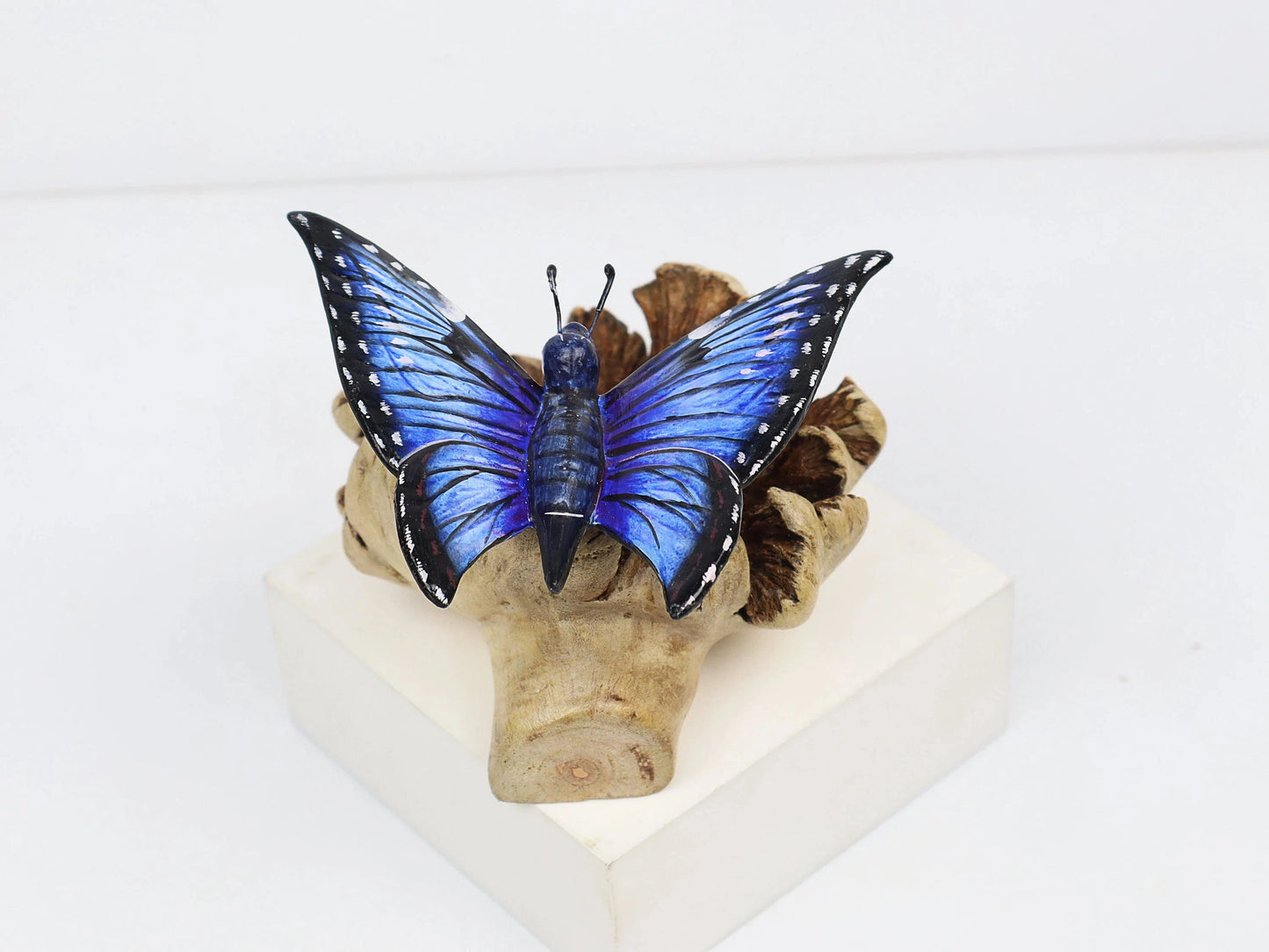 Hand-Carved & Painted Blue Butterfly Sculpture on Natural Wood Base - Freestanding Decor