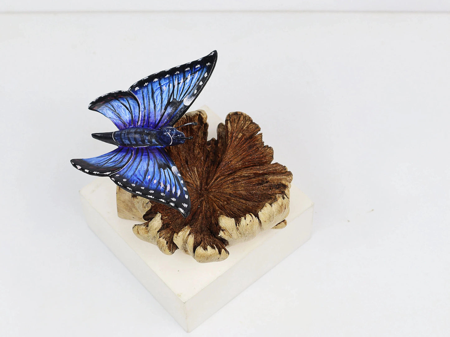 Hand-Carved & Painted Blue Butterfly Sculpture on Natural Wood Base - Freestanding Decor