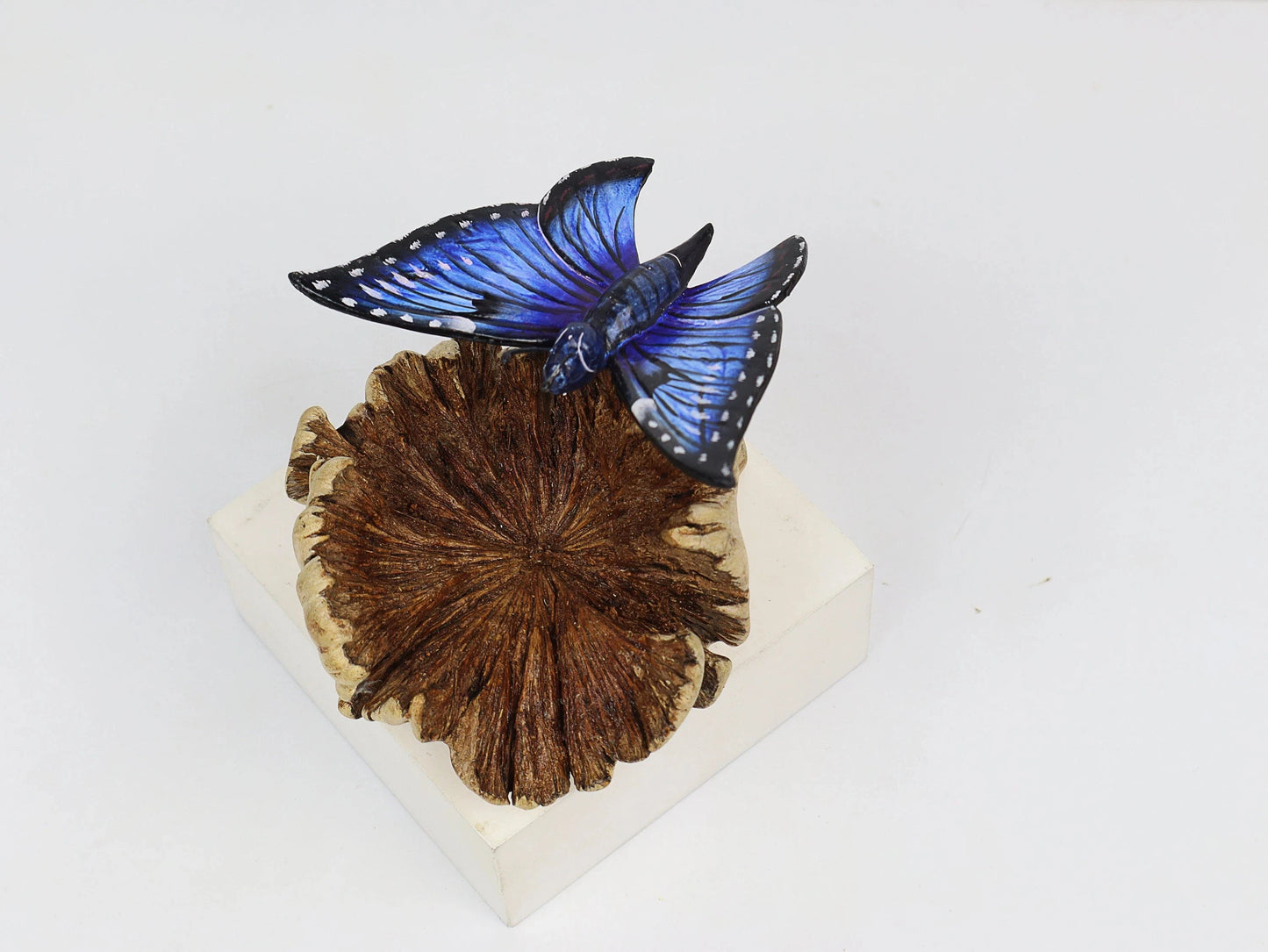 Hand-Carved & Painted Blue Butterfly Sculpture on Natural Wood Base - Freestanding Decor