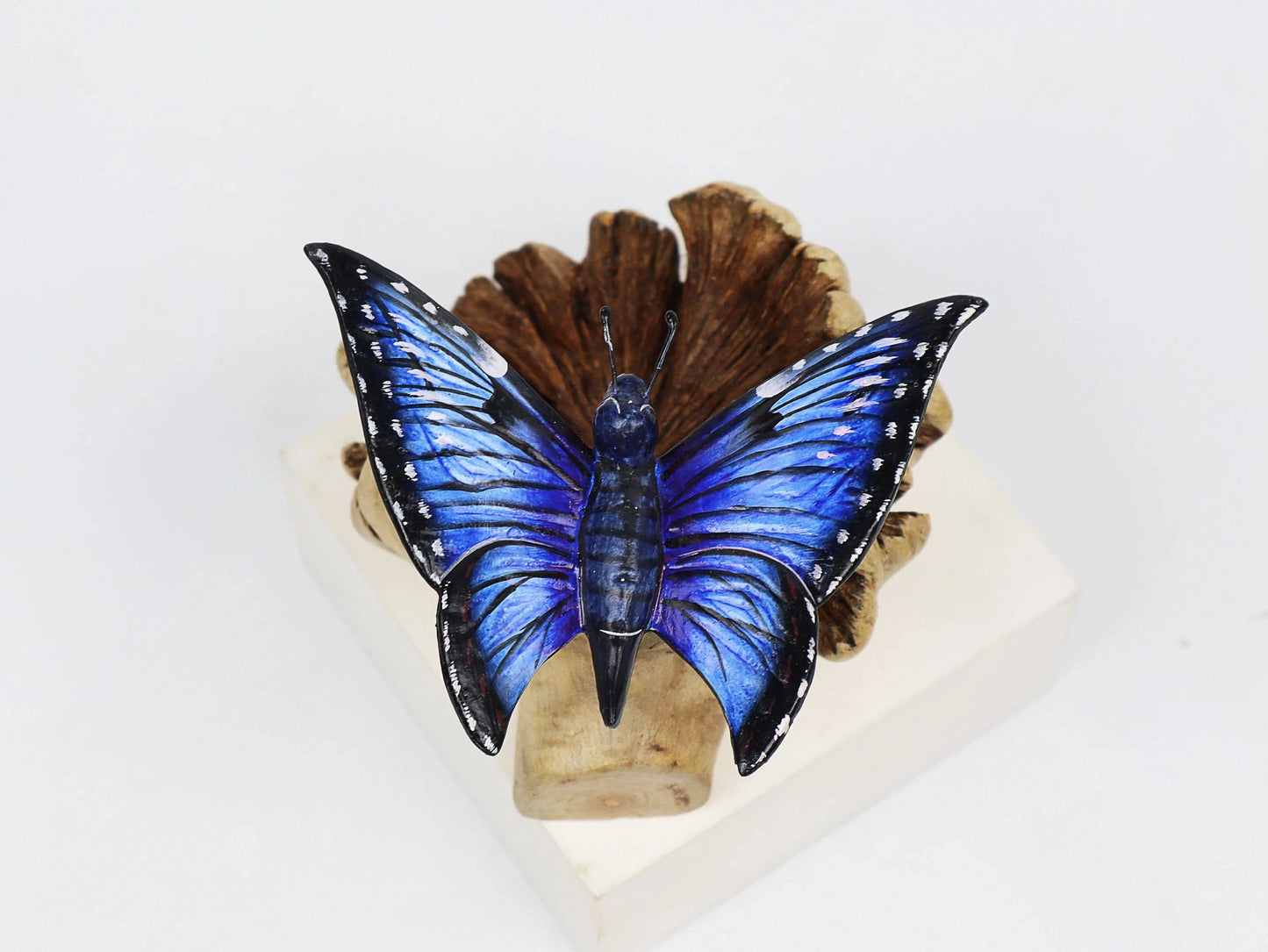 Hand-Carved & Painted Blue Butterfly Sculpture on Natural Wood Base - Freestanding Decor