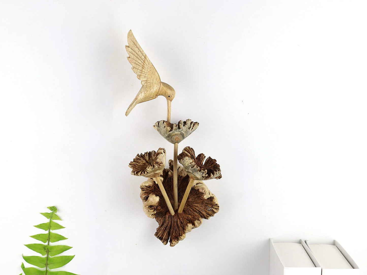 Hand-Carved Wooden Hummingbird & Flower Sculpture - Natural Wall Art Display