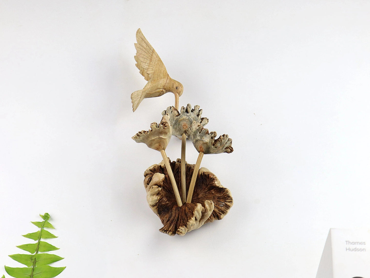 Hand-Carved Wooden Hummingbird & Flower Sculpture - Natural Wall Art Display