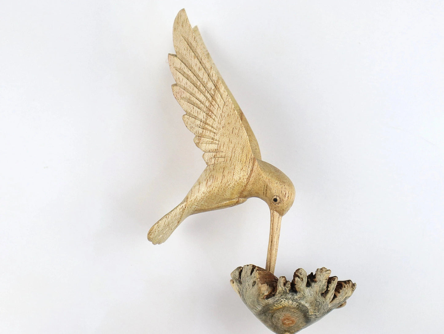 Hand-Carved Wooden Hummingbird & Flower Sculpture - Natural Wall Art Display