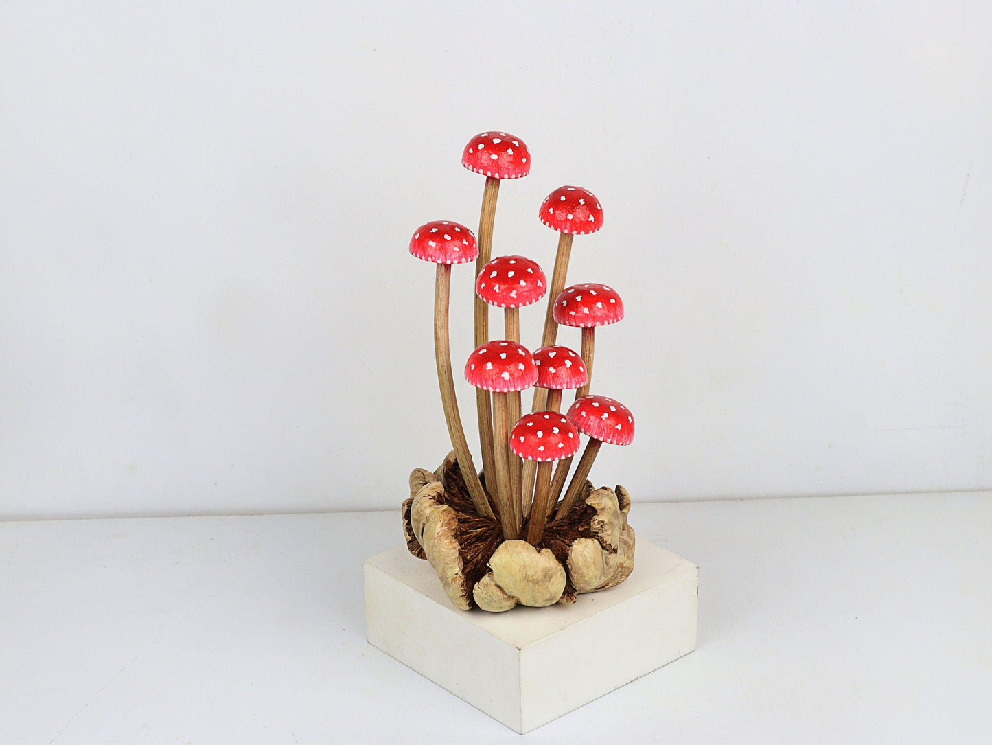 Hand-Carved & Painted Red & White Mushroom Cluster Sculpture - Whimsical Home Decor
