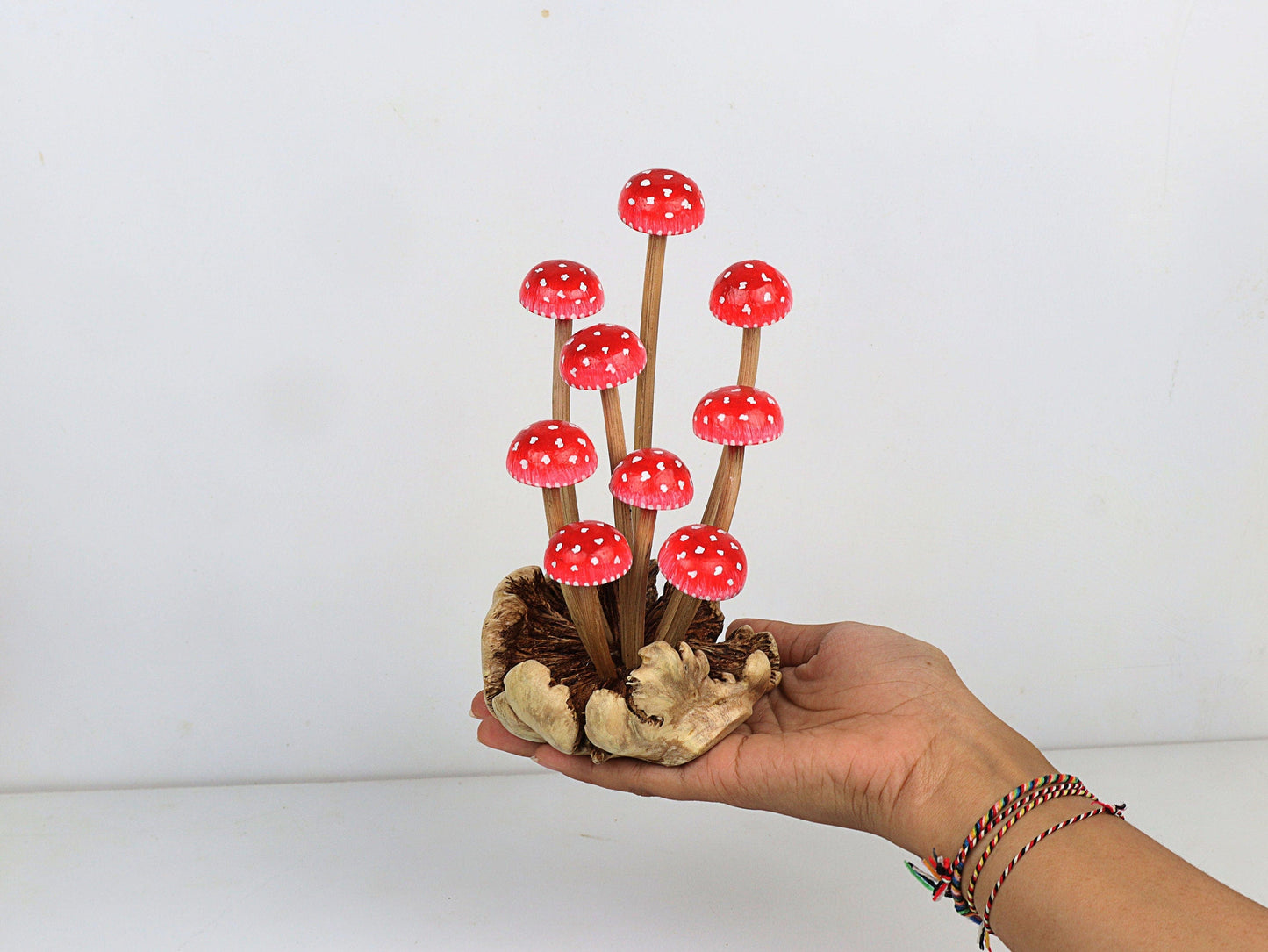 Hand-Carved & Painted Red & White Mushroom Cluster Sculpture - Whimsical Home Decor