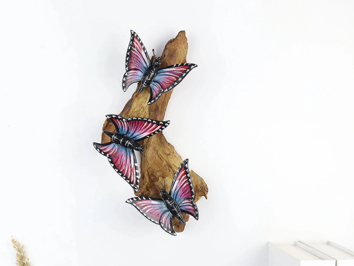 Hand-Carved & Painted Butterfly Trio Wall Art - Vibrant Woodland Display