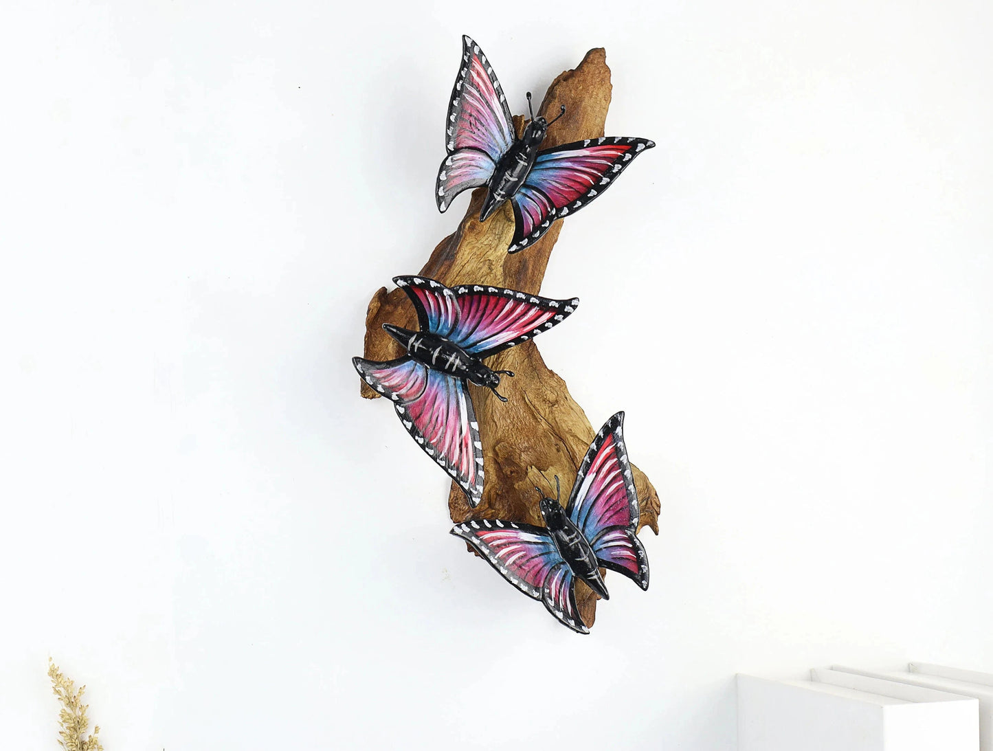 Hand-Carved & Painted Butterfly Trio Wall Art - Vibrant Woodland Display