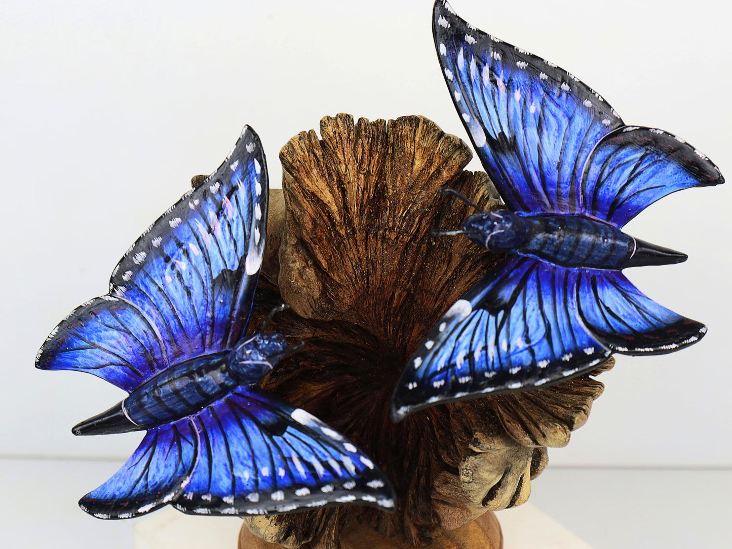 Hand-Carved & Painted Blue Butterfly Pair on Natural Wood Base - Freestanding Decor