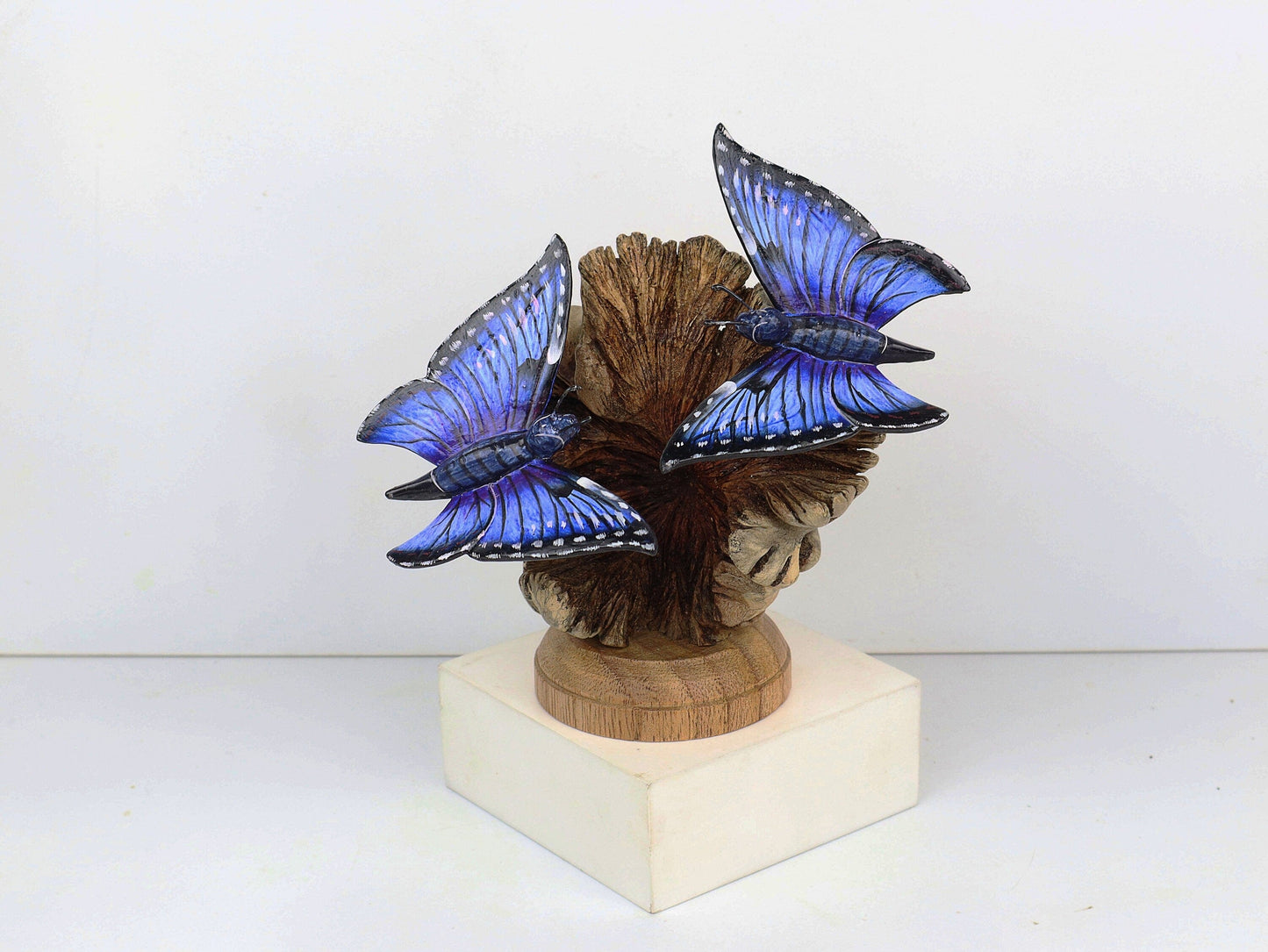 Hand-Carved & Painted Blue Butterfly Pair on Natural Wood Base - Freestanding Decor
