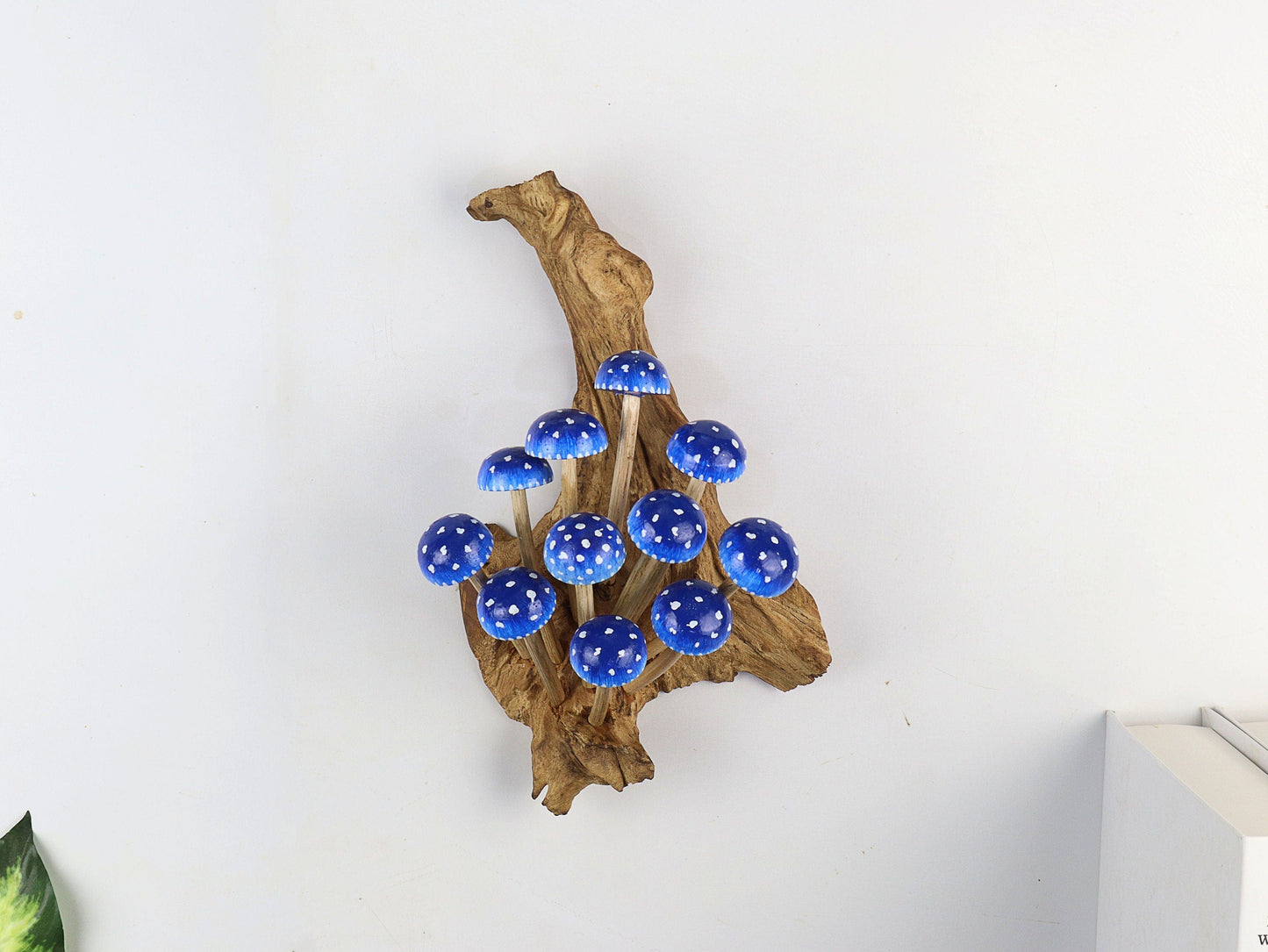 Hand-Carved & Painted Blue & White Pinoki-Style Mushroom Wall Art - Enchanted Forest Decor